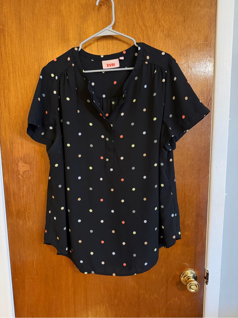 EVRI Black Polka Dot Short Sleeve Blouse with Multicolor Dots